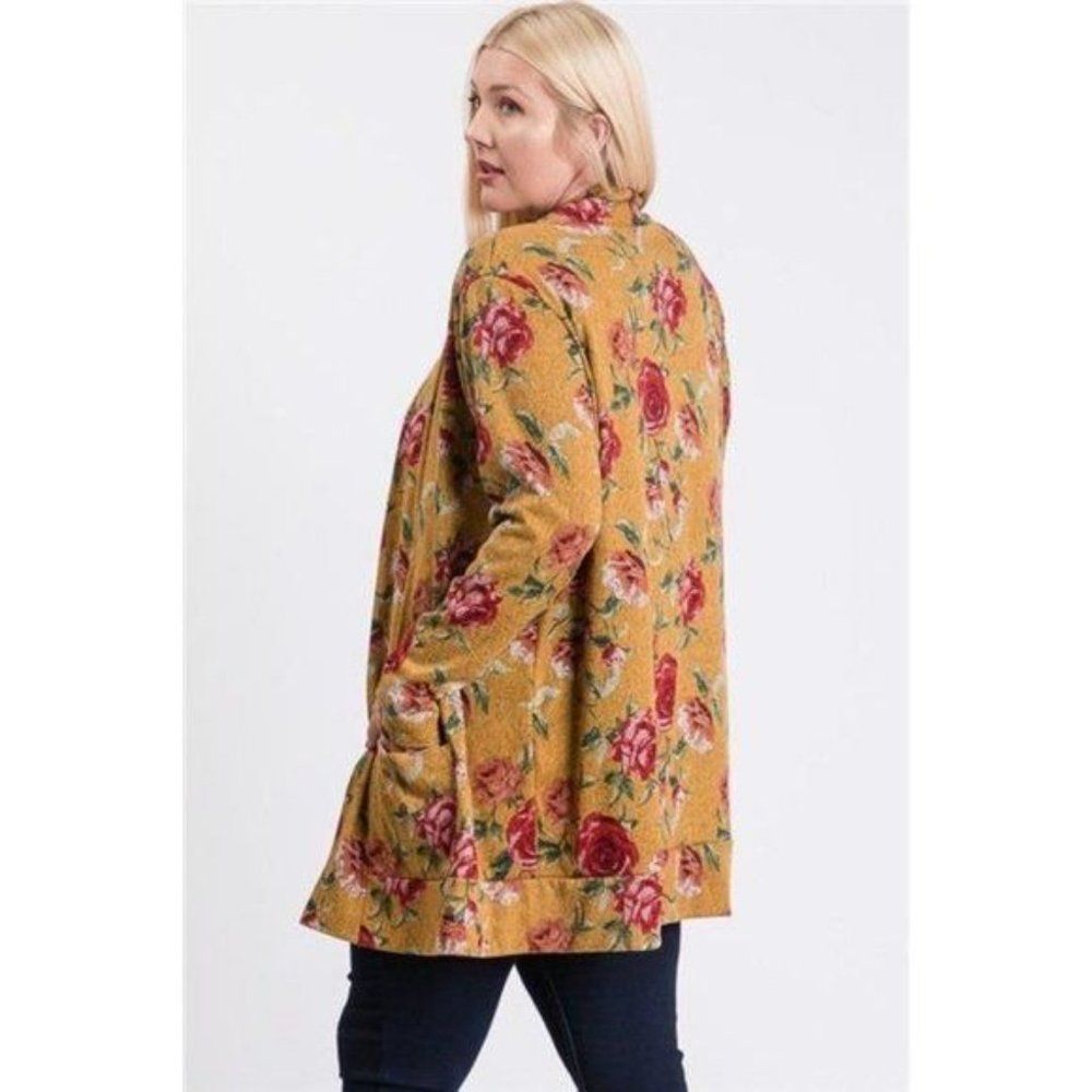 Mustard Yellow Flower Print Pocket Flower Print Hacci Cardigan - Picture 5 of 7